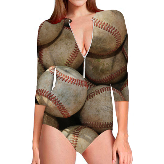 Grunge Baseballs Print Long Sleeve Swimsuit
