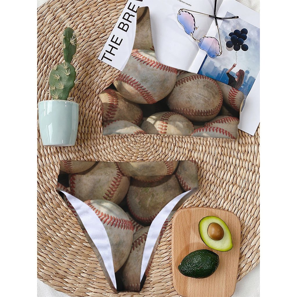 Grunge Baseballs Print One Shoulder Bikini Top