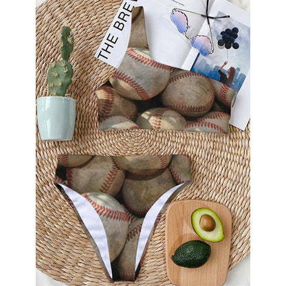 Grunge Baseballs Print One Shoulder Bikini Top