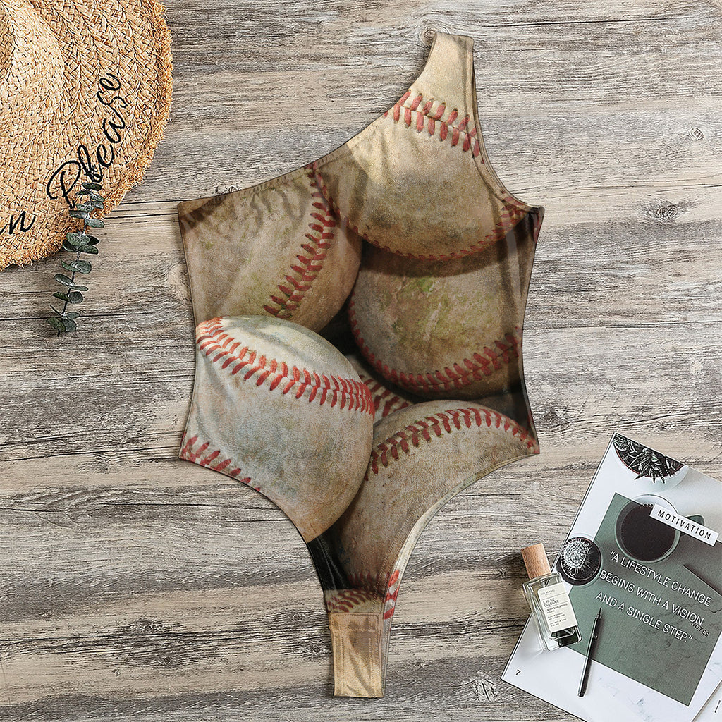 Grunge Baseballs Print One Shoulder Bodysuit