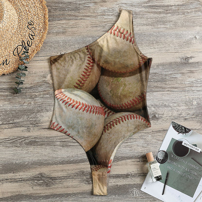 Grunge Baseballs Print One Shoulder Bodysuit