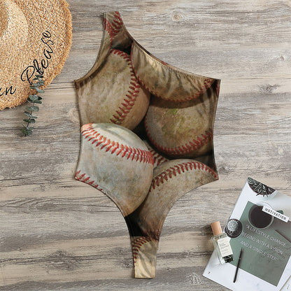 Grunge Baseballs Print One Shoulder Bodysuit