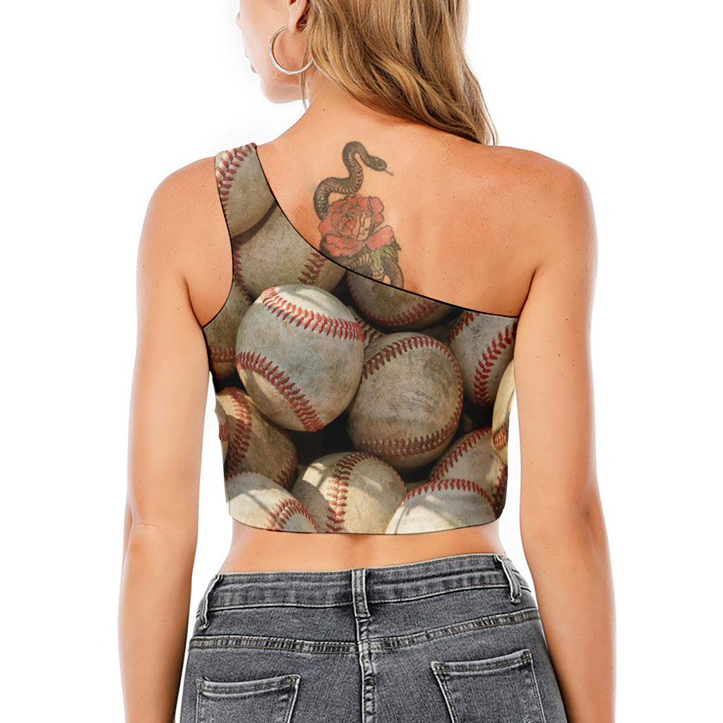 Grunge Baseballs Print One Shoulder Crop Top
