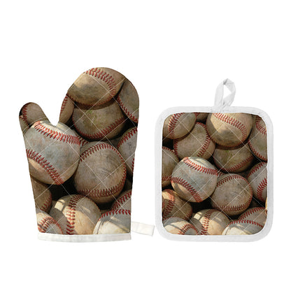 Grunge Baseballs Print Oven Mitt And Pot Holder Set