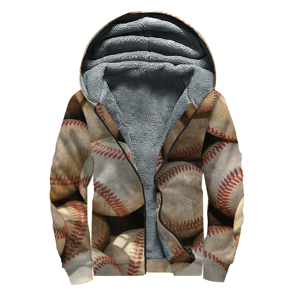 Grunge Baseballs Print Sherpa Lined Zip Up Hoodie