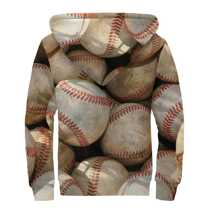 Grunge Baseballs Print Sherpa Lined Zip Up Hoodie