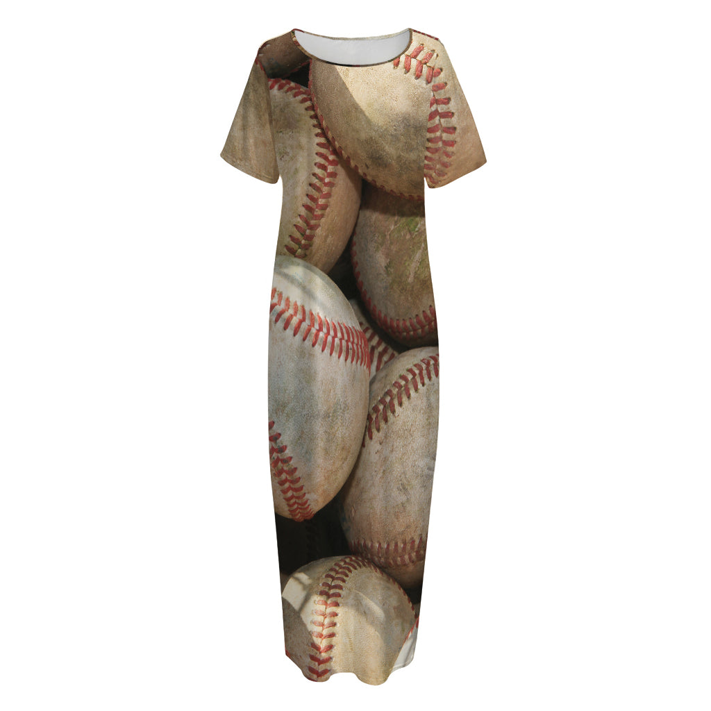 Grunge Baseballs Print Short Sleeve Long Nightdress