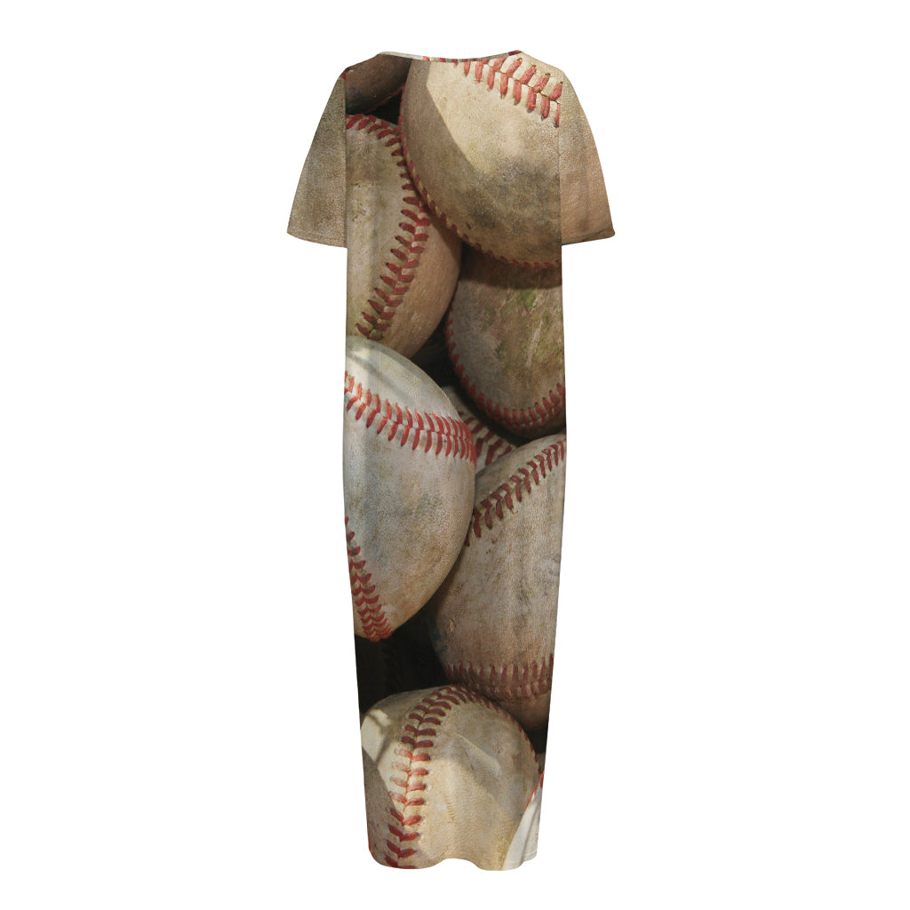 Grunge Baseballs Print Short Sleeve Long Nightdress