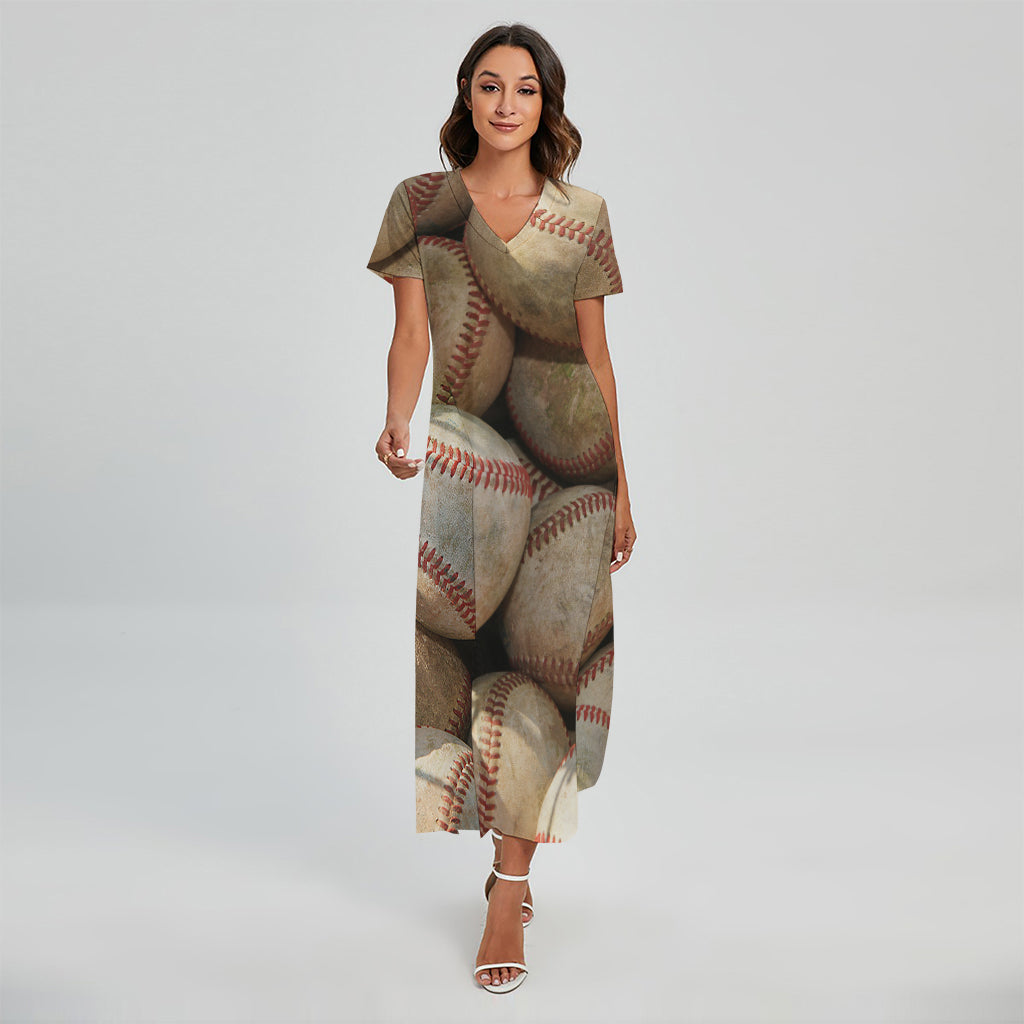 Grunge Baseballs Print Short Sleeve Maxi Dress
