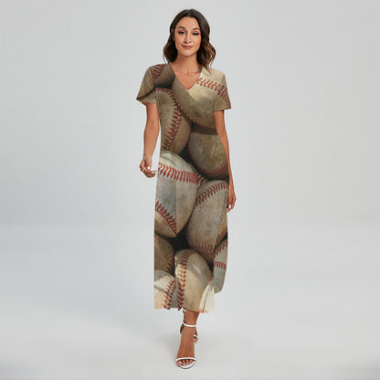 Grunge Baseballs Print Short Sleeve Maxi Dress