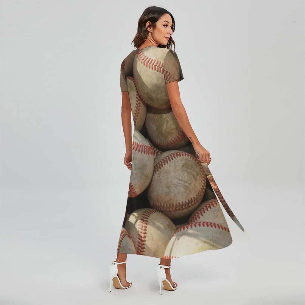 Grunge Baseballs Print Short Sleeve Maxi Dress