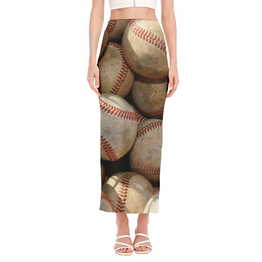 Grunge Baseballs Print Side Slit Maxi Skirt