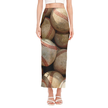 Grunge Baseballs Print Side Slit Maxi Skirt