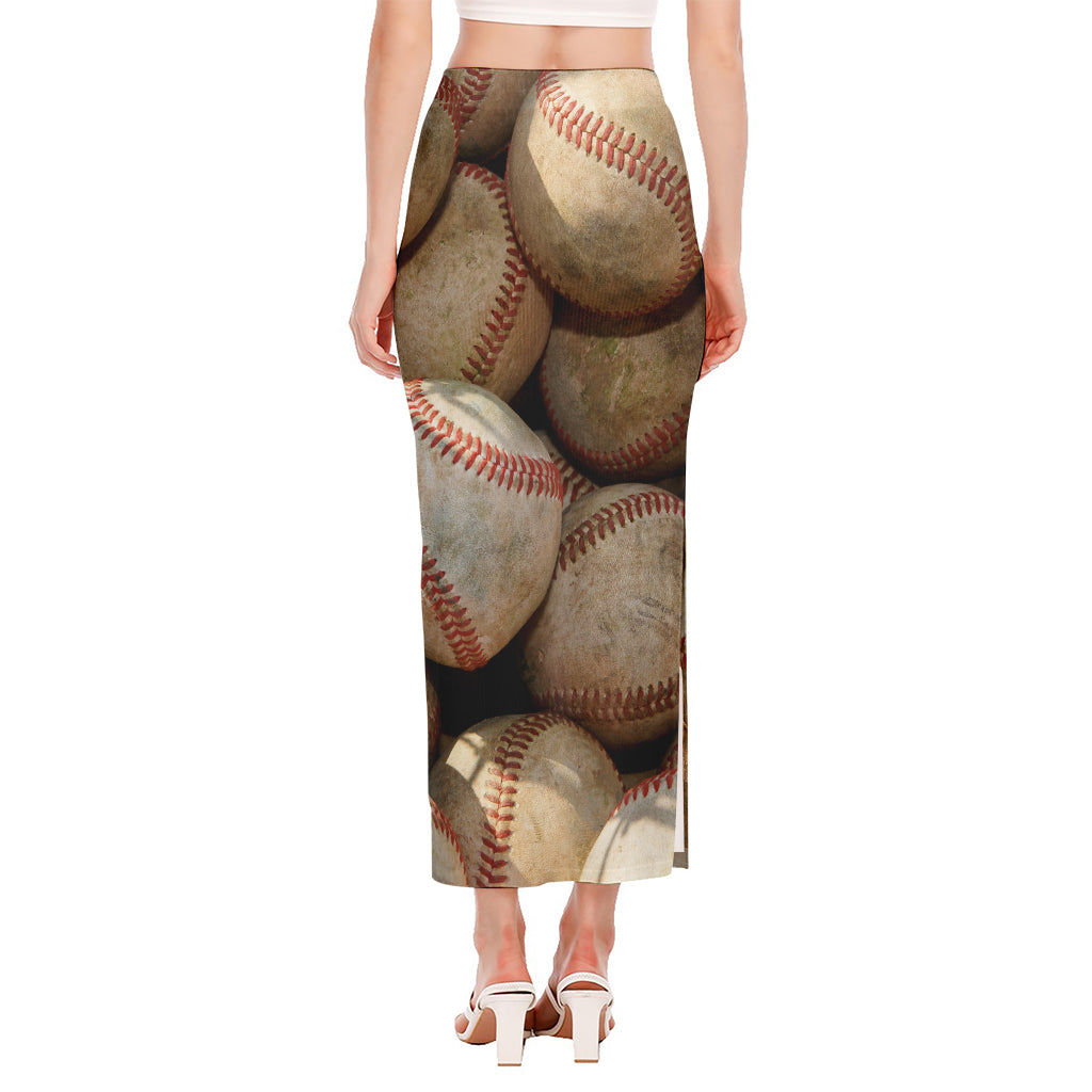 Grunge Baseballs Print Side Slit Maxi Skirt