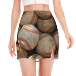 Grunge Baseballs Print Side Slit Mini Skirt