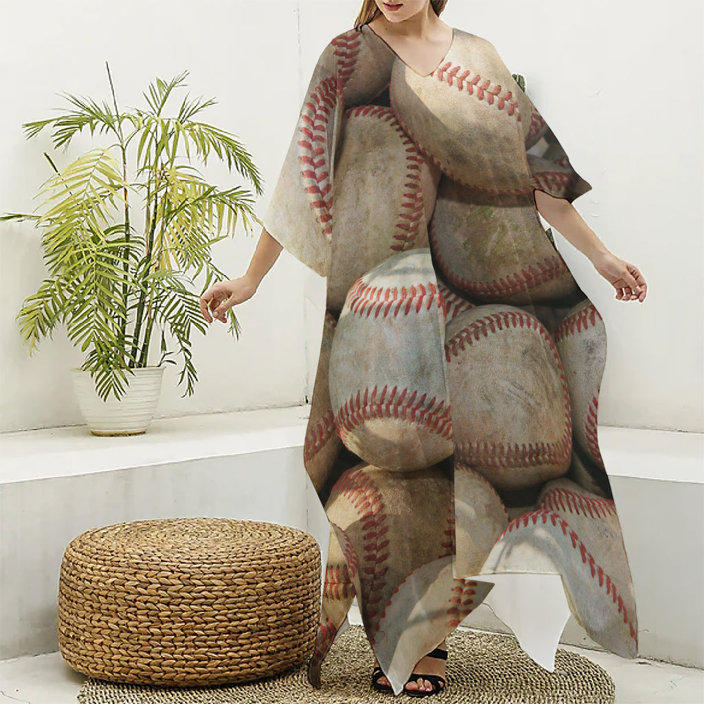 Grunge Baseballs Print Silk V-Neck Kaftan Dress