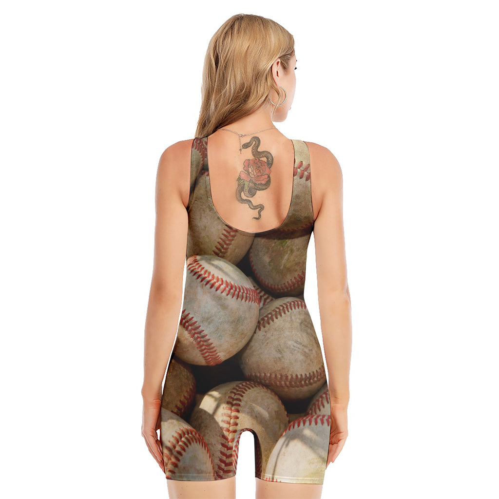 Grunge Baseballs Print Sleeveless One Piece Swimsuit