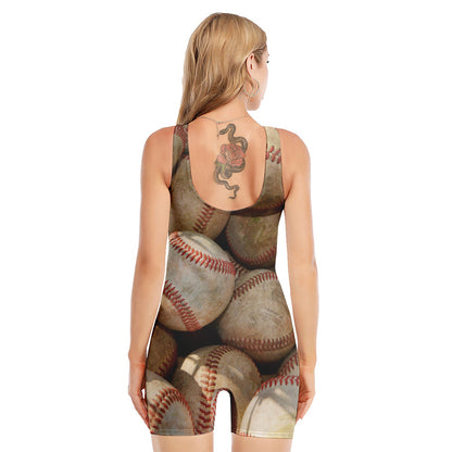 Grunge Baseballs Print Sleeveless One Piece Swimsuit