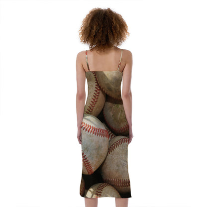 Grunge Baseballs Print Slim Fit Midi Cami Dress