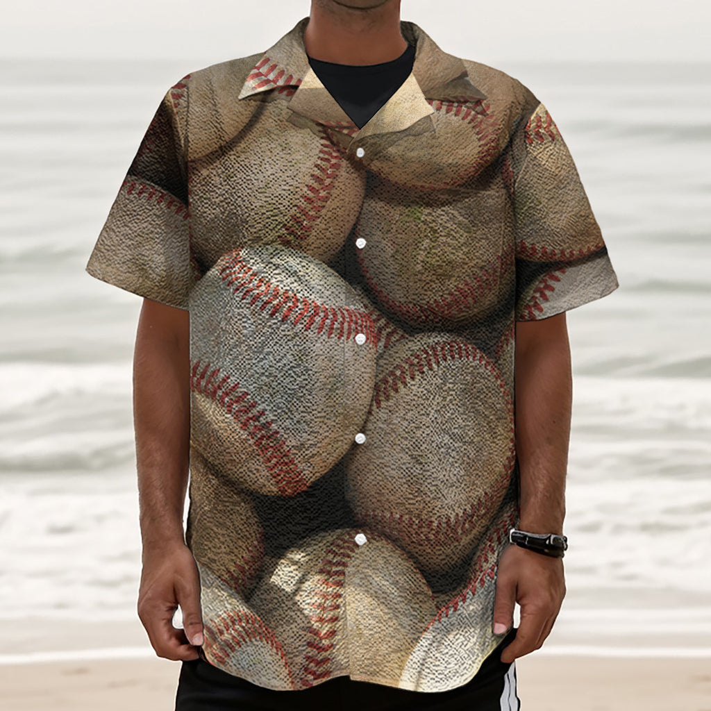 Grunge Baseballs Print Textured Short Sleeve Shirt