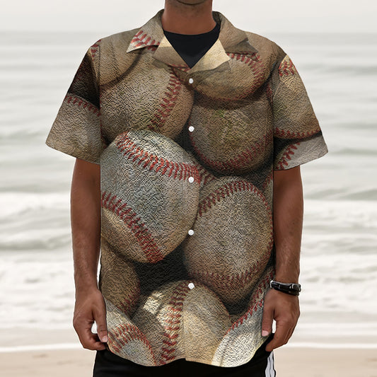 Grunge Baseballs Print Textured Short Sleeve Shirt