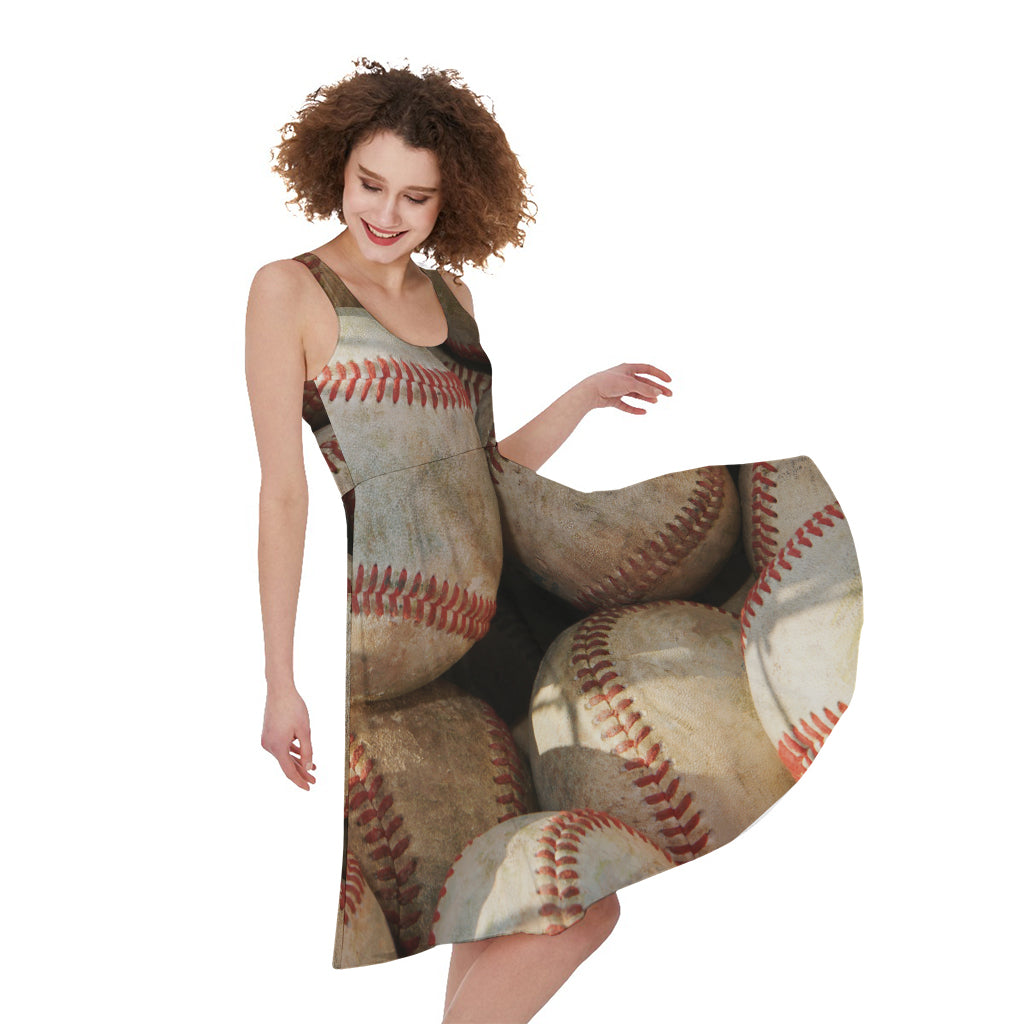 Grunge Baseballs Print Women's Sleeveless Dress