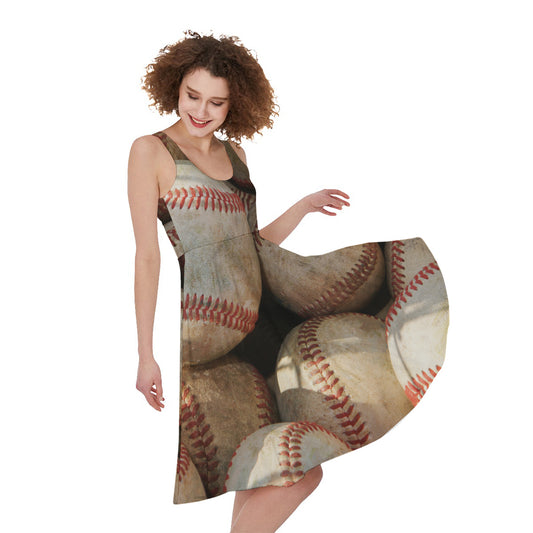 Grunge Baseballs Print Women's Sleeveless Dress