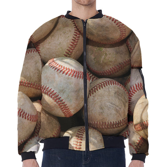 Grunge Baseballs Print Zip Sleeve Bomber Jacket
