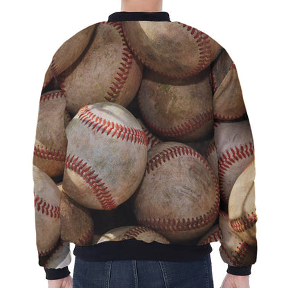 Grunge Baseballs Print Zip Sleeve Bomber Jacket