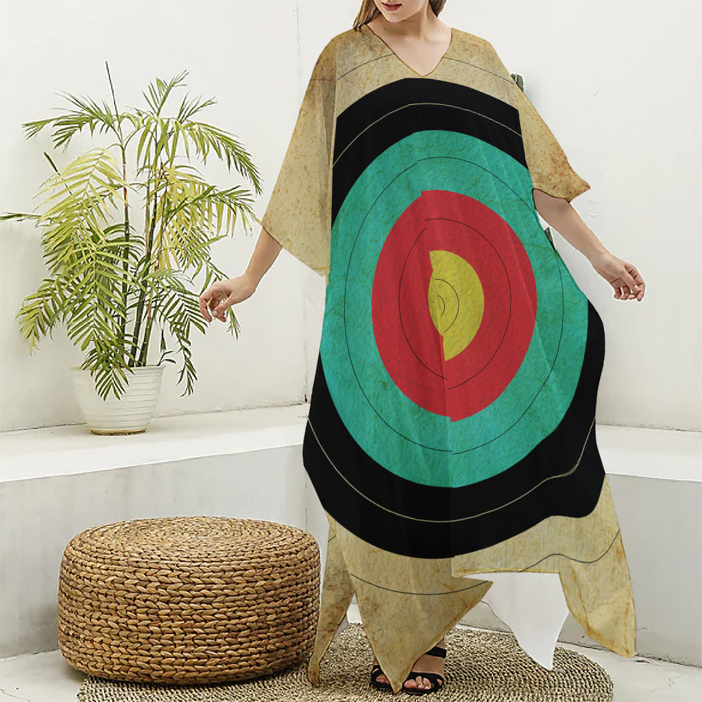 Grunge Bullseye Target Print Silk V-Neck Kaftan Dress