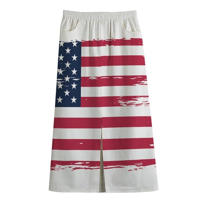 Grunge Flag Of USA Print Cotton Front Slit Maxi Skirt
