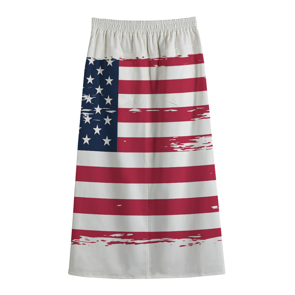 Grunge Flag Of USA Print Cotton Front Slit Maxi Skirt