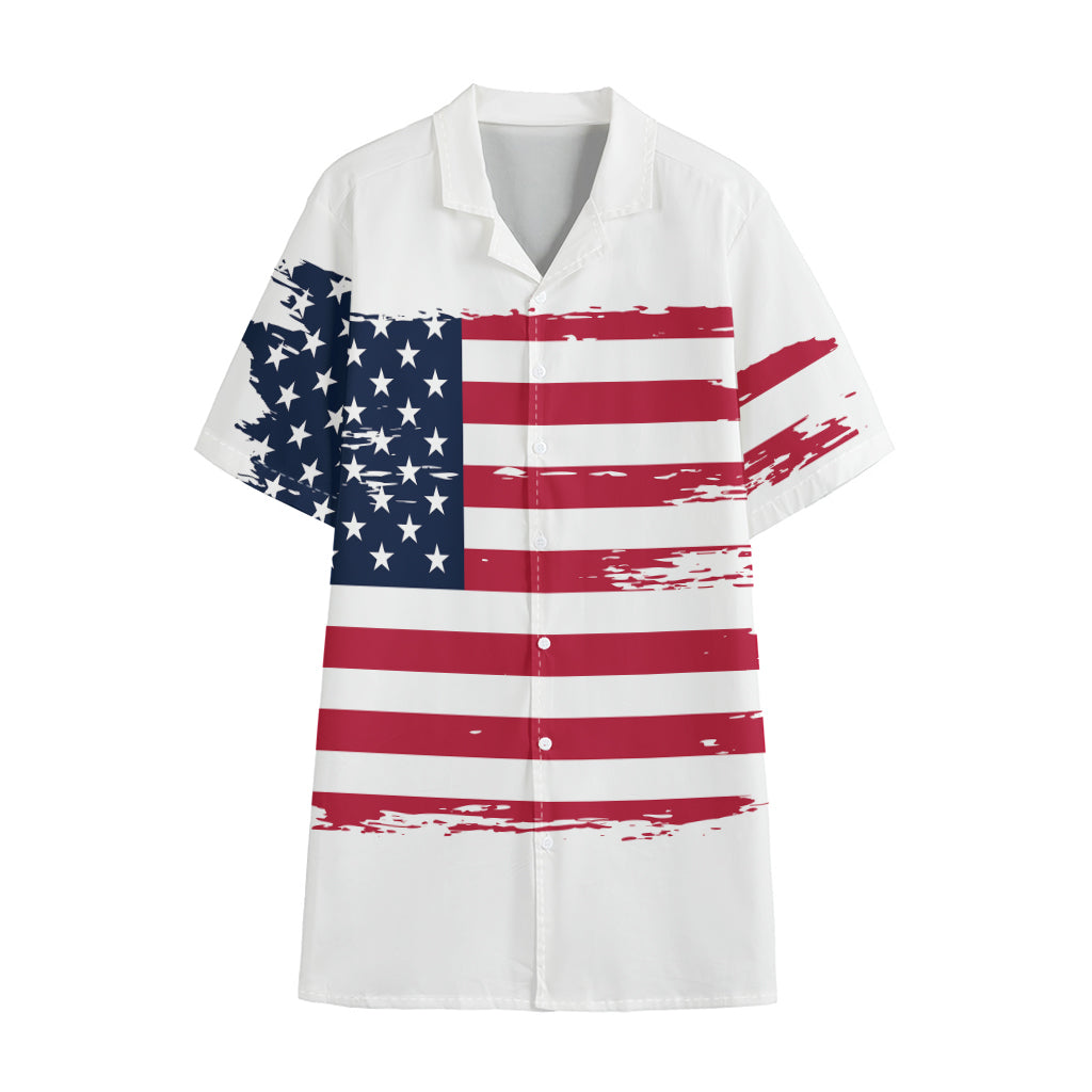 Grunge Flag Of USA Print Cotton Hawaiian Shirt