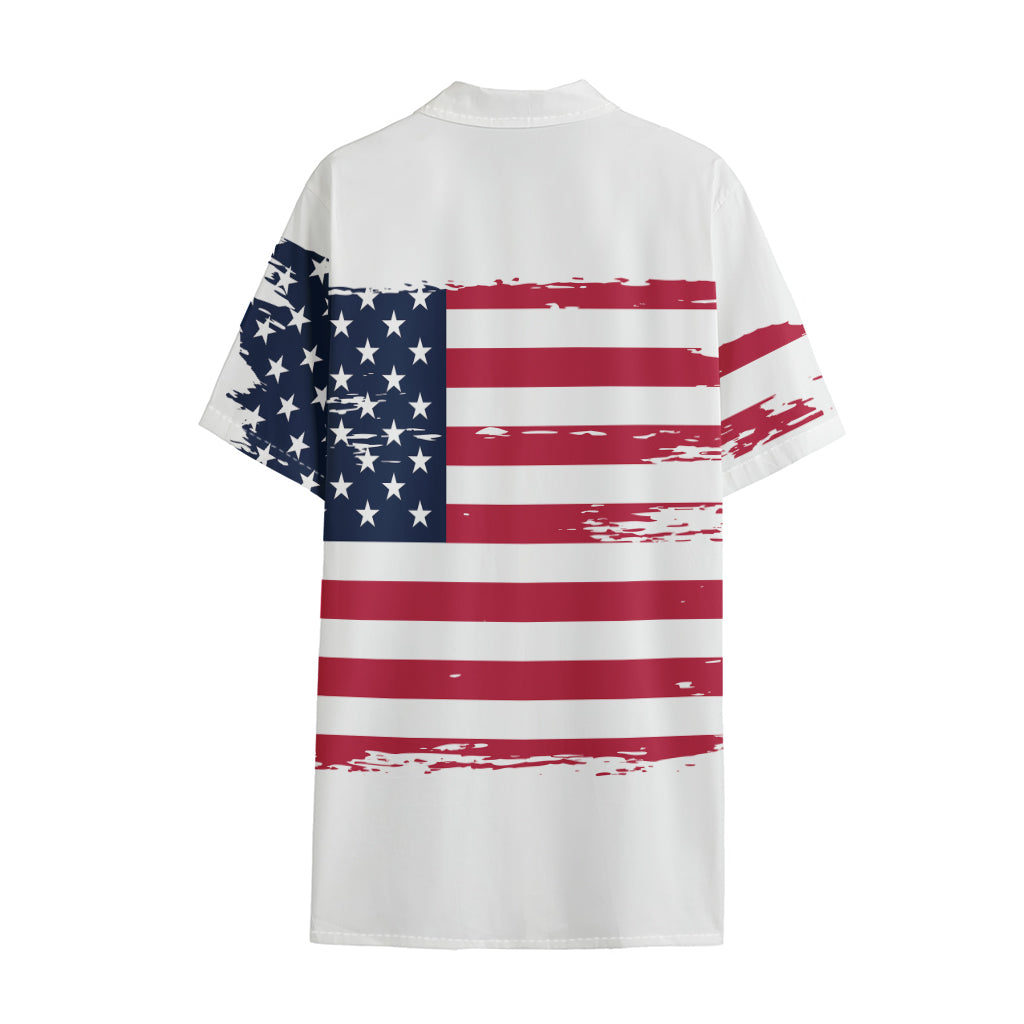 Grunge Flag Of USA Print Cotton Hawaiian Shirt