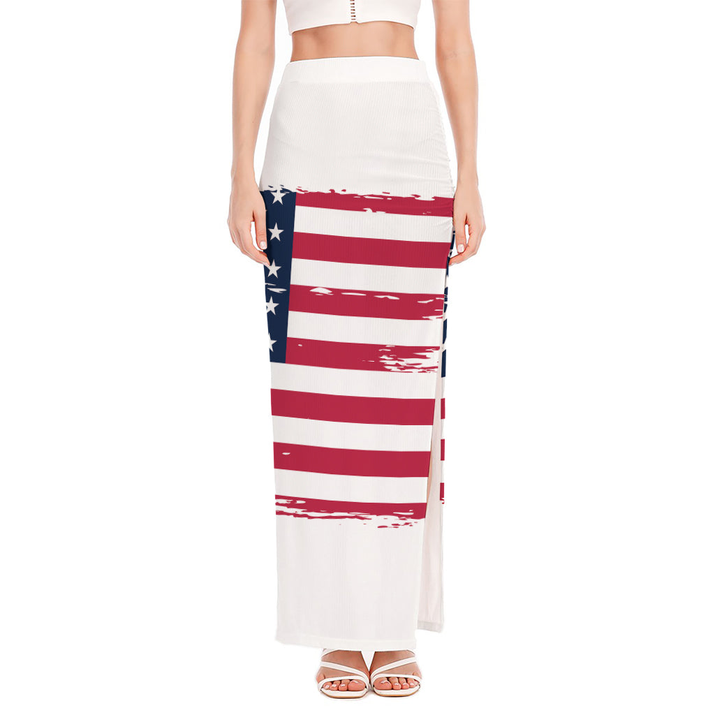 Grunge Flag Of USA Print High Slit Maxi Skirt