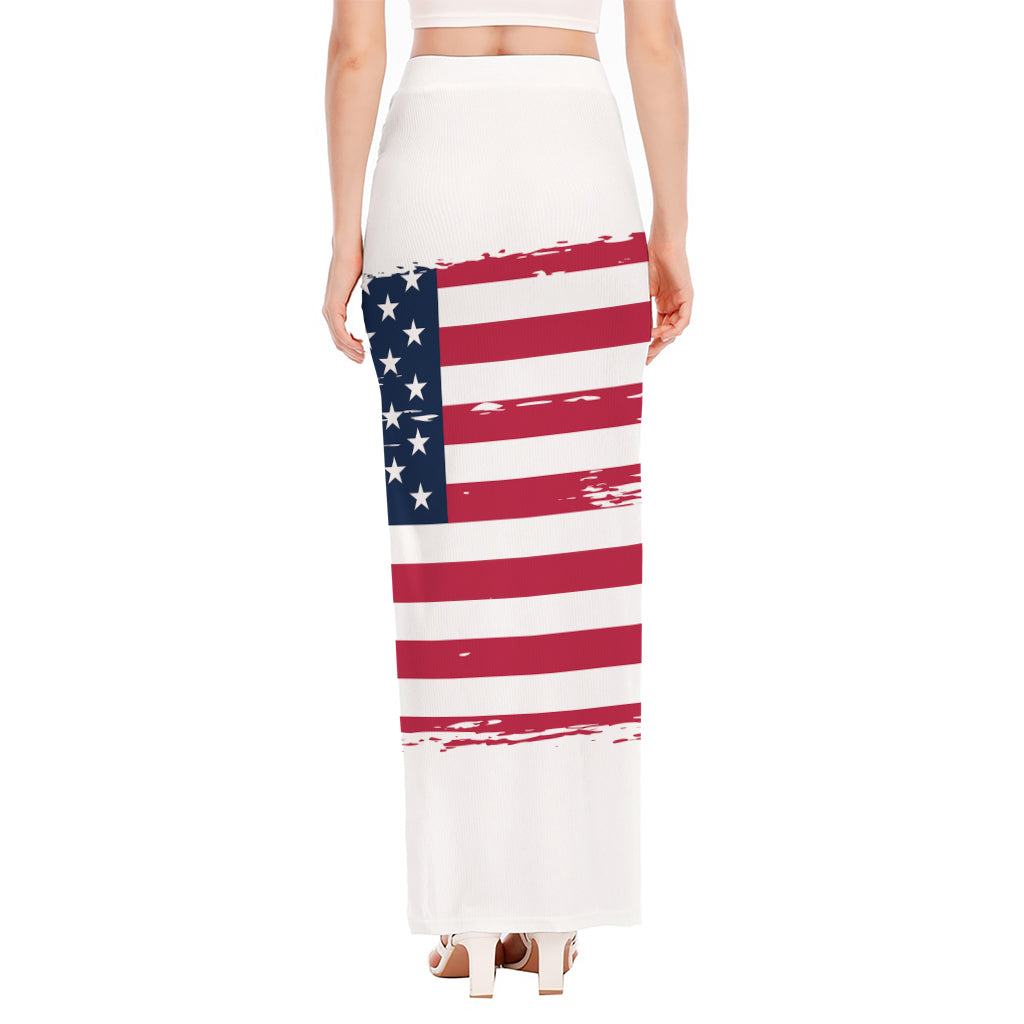 Grunge Flag Of USA Print High Slit Maxi Skirt