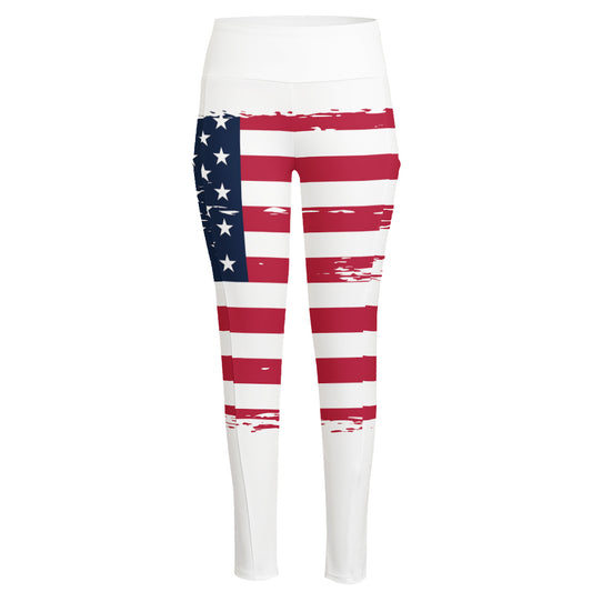 Grunge Flag Of USA Print High-Waisted Pocket Leggings