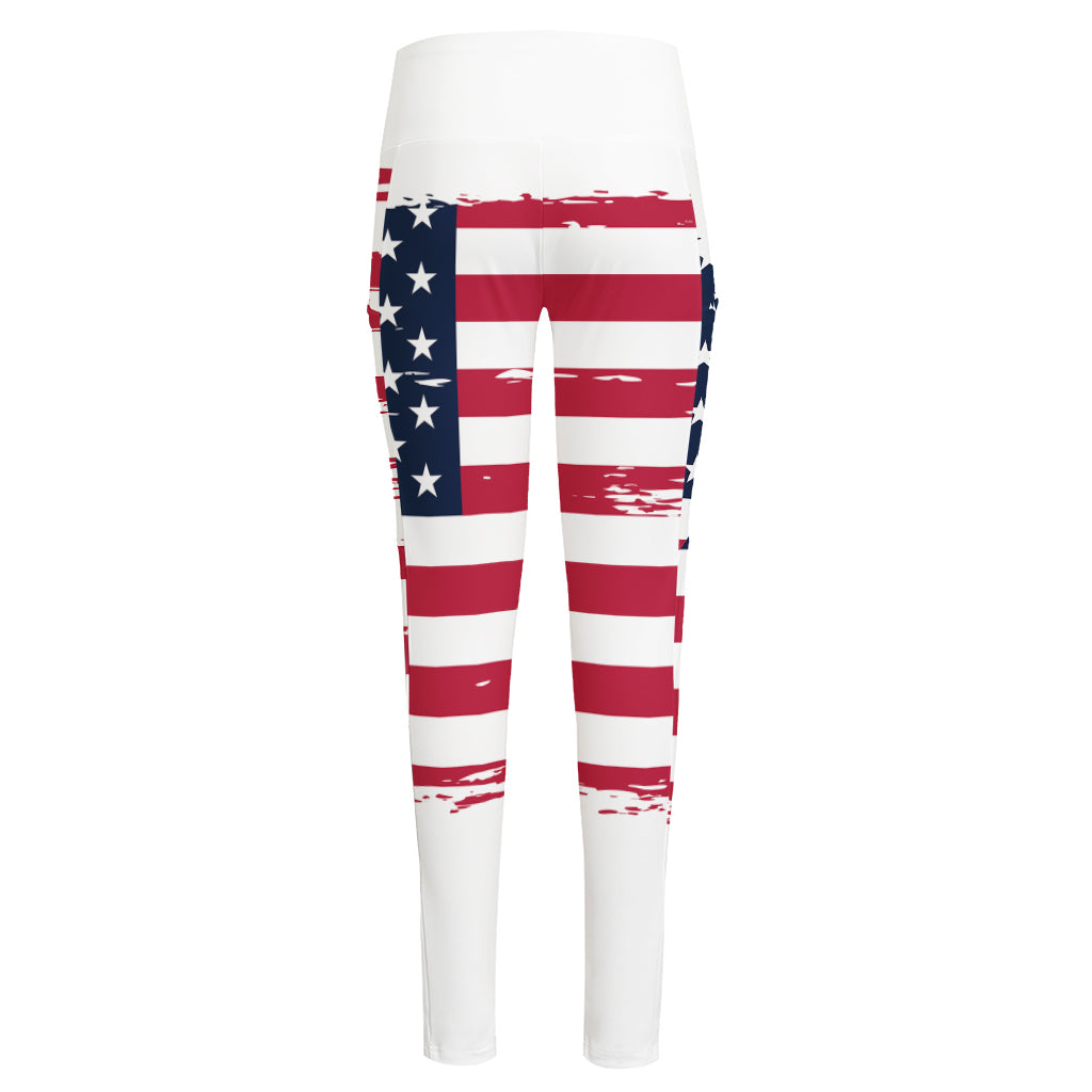 Grunge Flag Of USA Print High-Waisted Pocket Leggings