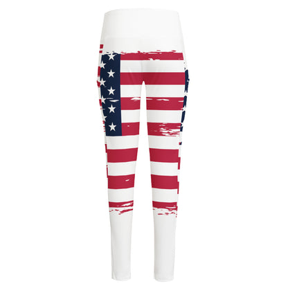 Grunge Flag Of USA Print High-Waisted Pocket Leggings