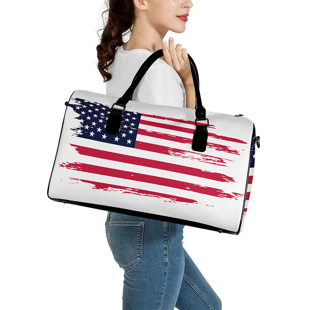 Grunge Flag Of USA Print Leather Duffle Bag