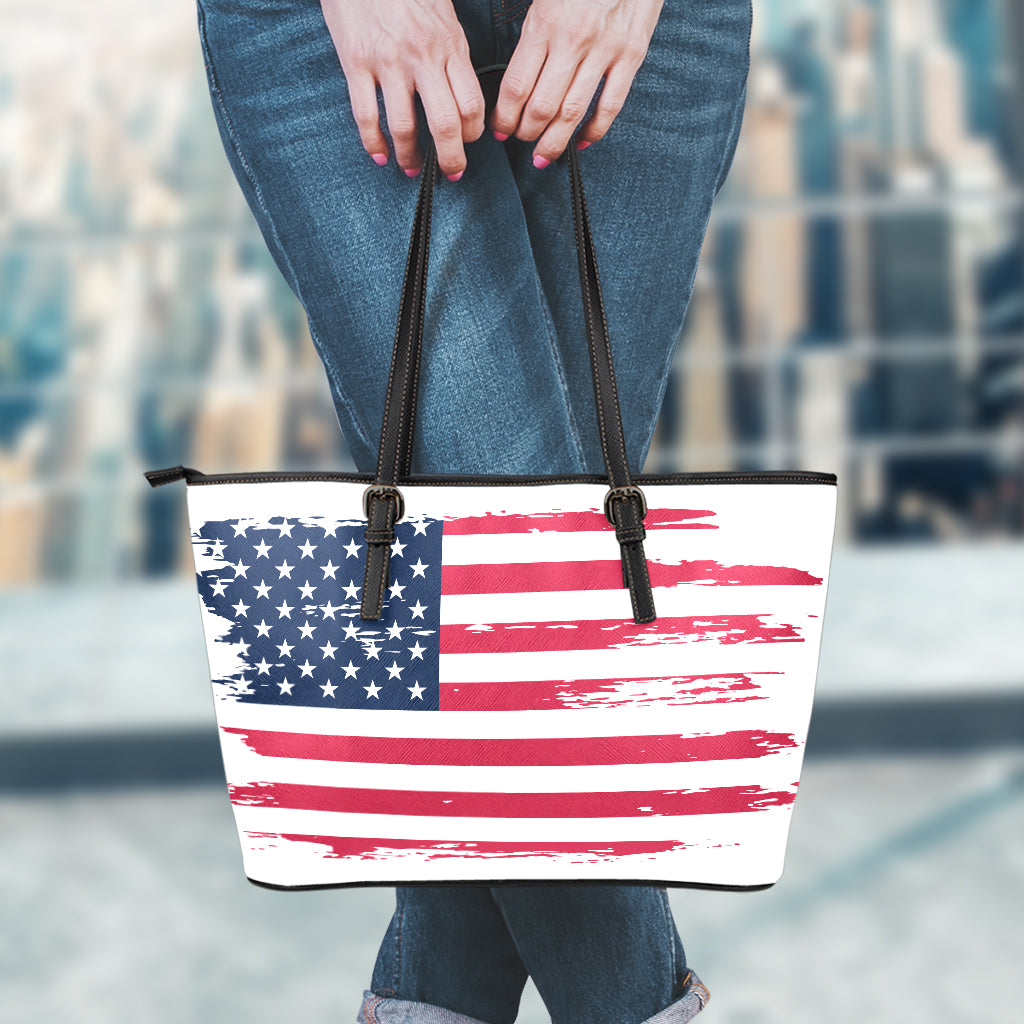 Grunge Flag Of USA Print Leather Tote Bag