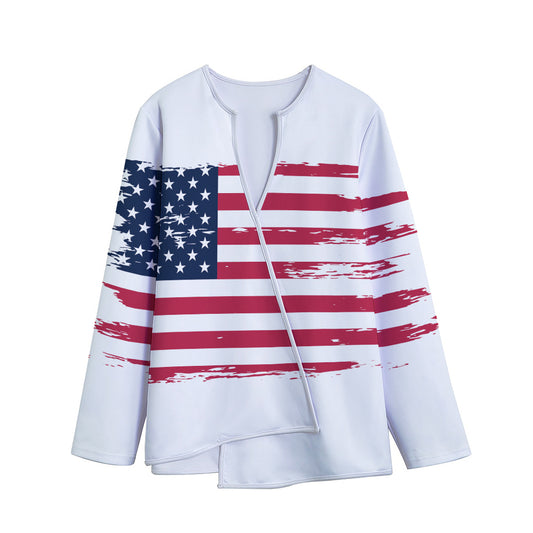 Grunge Flag Of USA Print Long Sleeve Short Coat