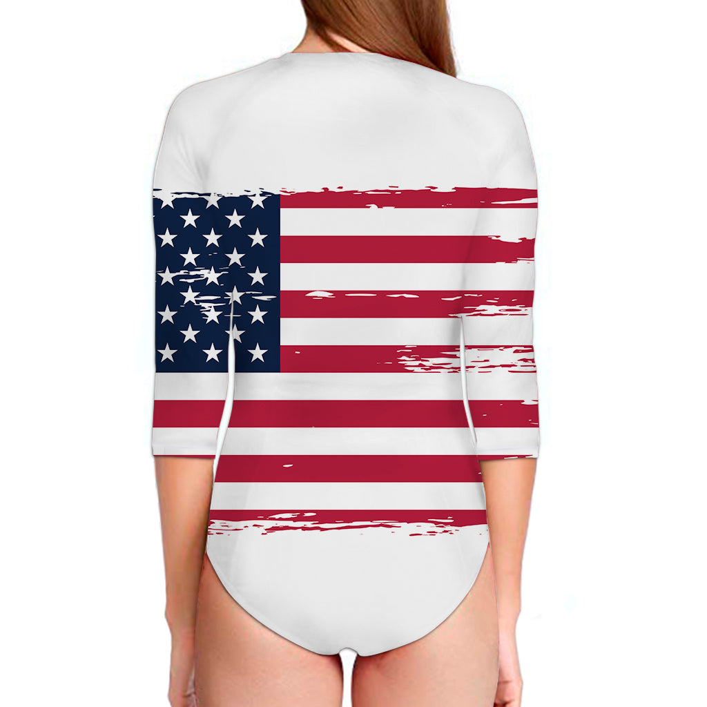 Grunge Flag Of USA Print Long Sleeve Swimsuit