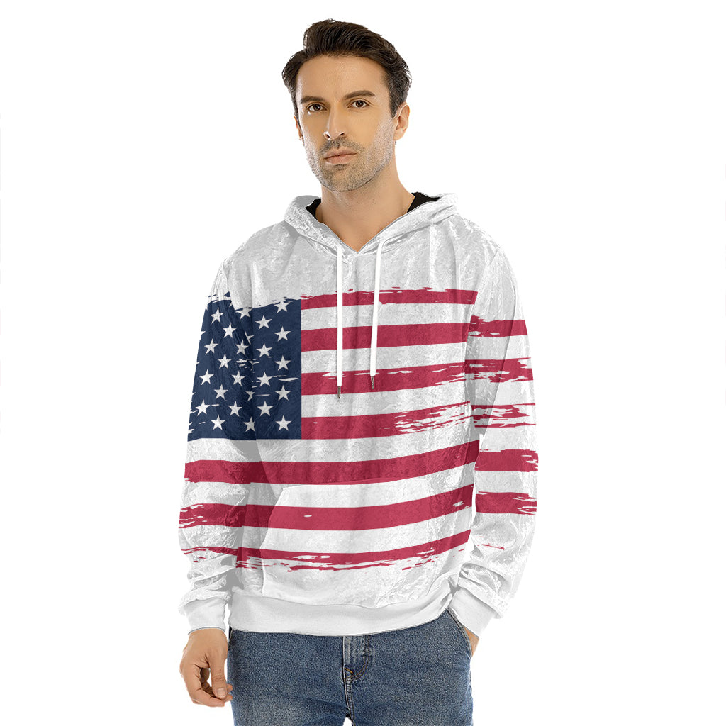 Grunge Flag Of USA Print Men's Velvet Pullover Hoodie