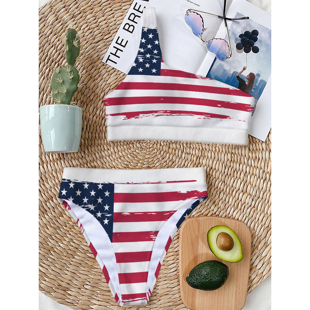 Grunge Flag Of USA Print One Shoulder Bikini Top