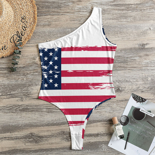 Grunge Flag Of USA Print One Shoulder Bodysuit
