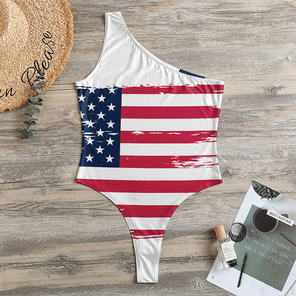 Grunge Flag Of USA Print One Shoulder Bodysuit