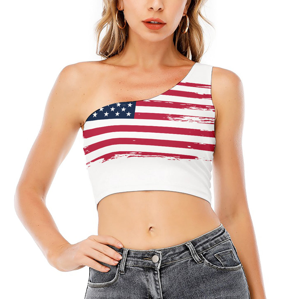 Grunge Flag Of USA Print One Shoulder Crop Top
