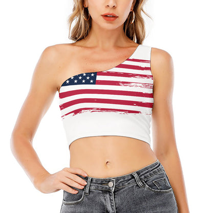 Grunge Flag Of USA Print One Shoulder Crop Top