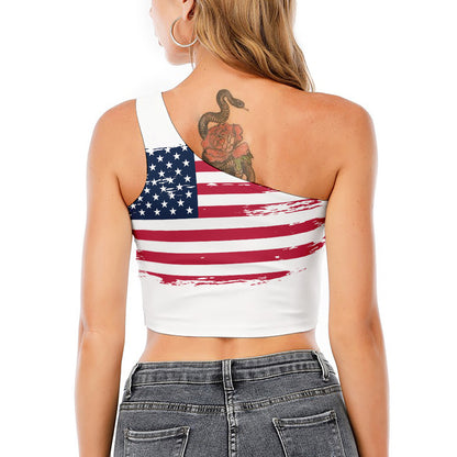 Grunge Flag Of USA Print One Shoulder Crop Top